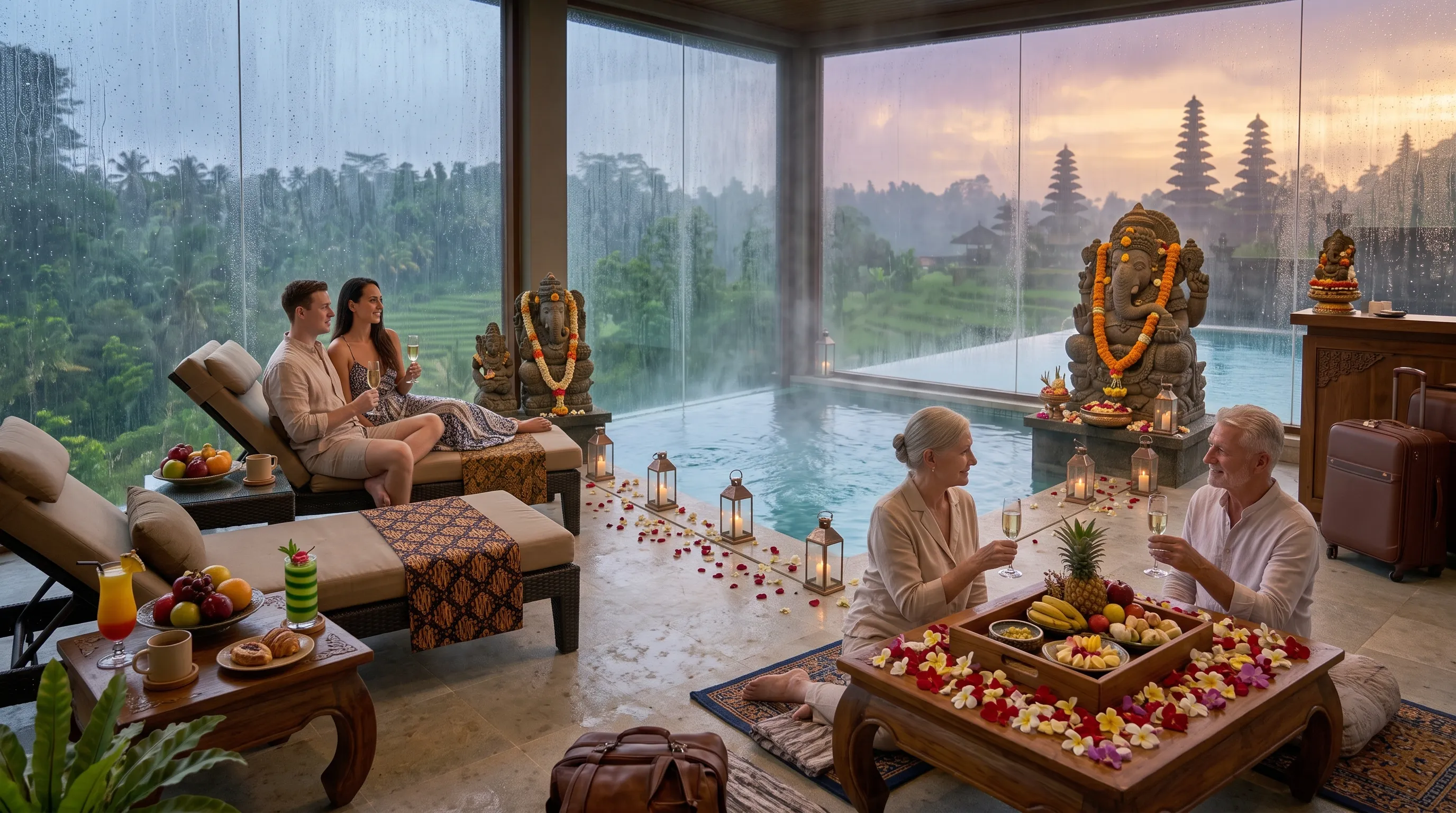 Couple Enjoying Romantic Villa During Bali Rainy Season with Indoor Spa