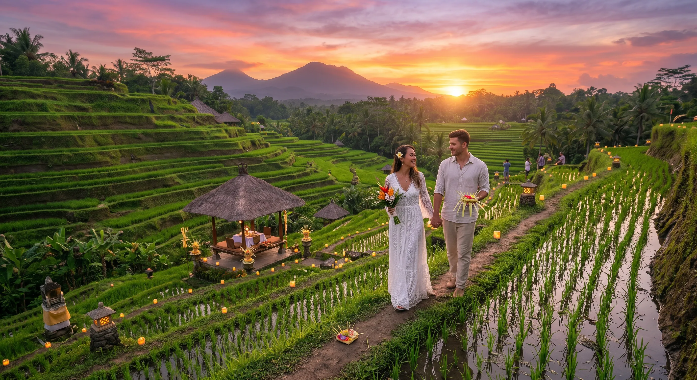 Couple Walking Through Bali Rice Terraces on Honeymoon