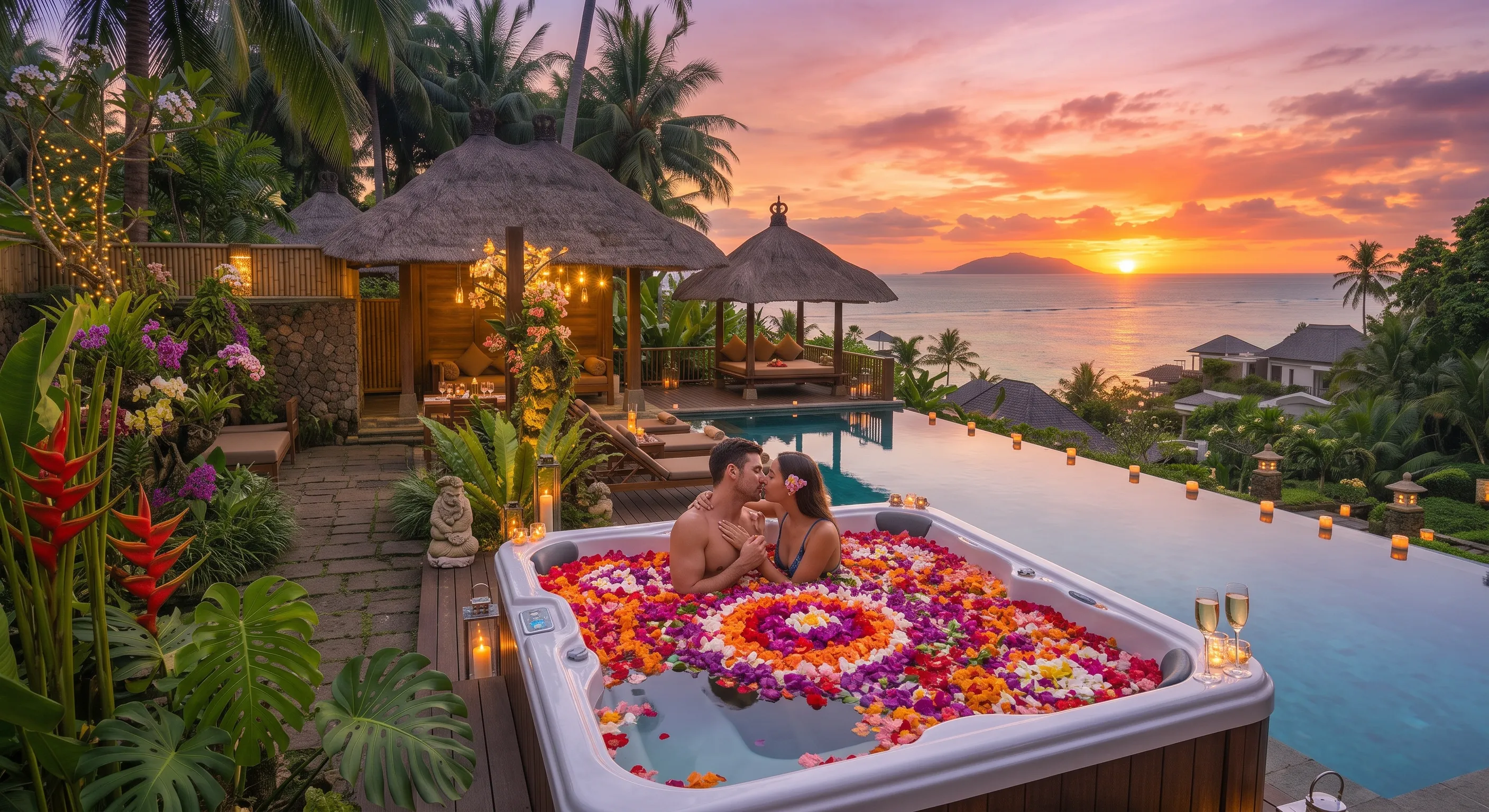 Couple Watching Sunset from Bali Honeymoon Villa Infinity Pool