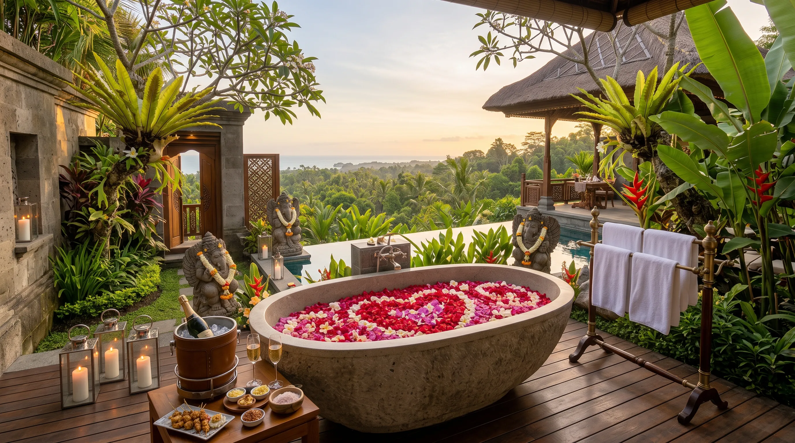 Romantic Honeymoon Villa Bathroom in Bali with Outdoor Bathtub